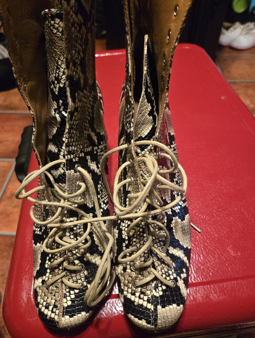 BY FAR Snake-Print Lace-Up Ankle Boots in Black and Tan - Picture 2 of 6